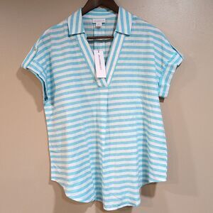 NWT Liz Claiborne Size‎ Small Linen Cotton Popover Top Blue White Stripe Beach